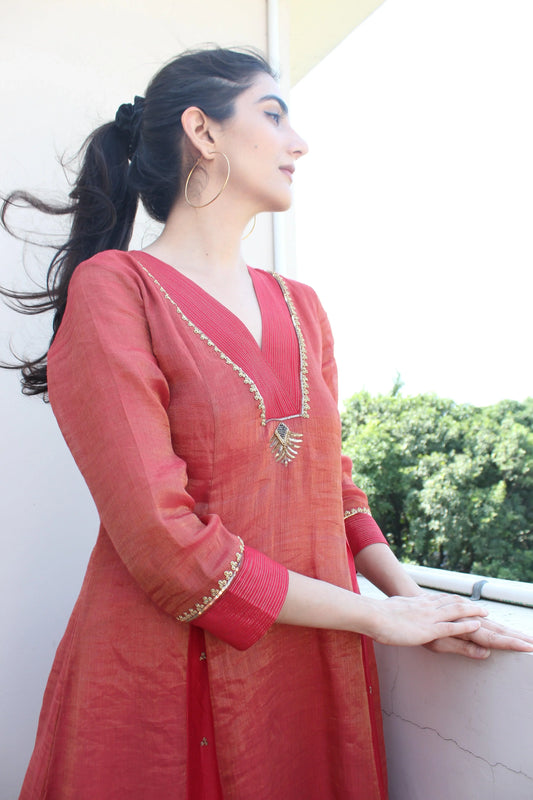 Red tissue chanderi peacock motif suit set - Sohni