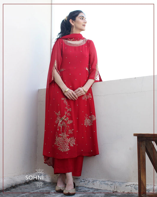 Red birds embroidery pleated kurta set - Sohni
