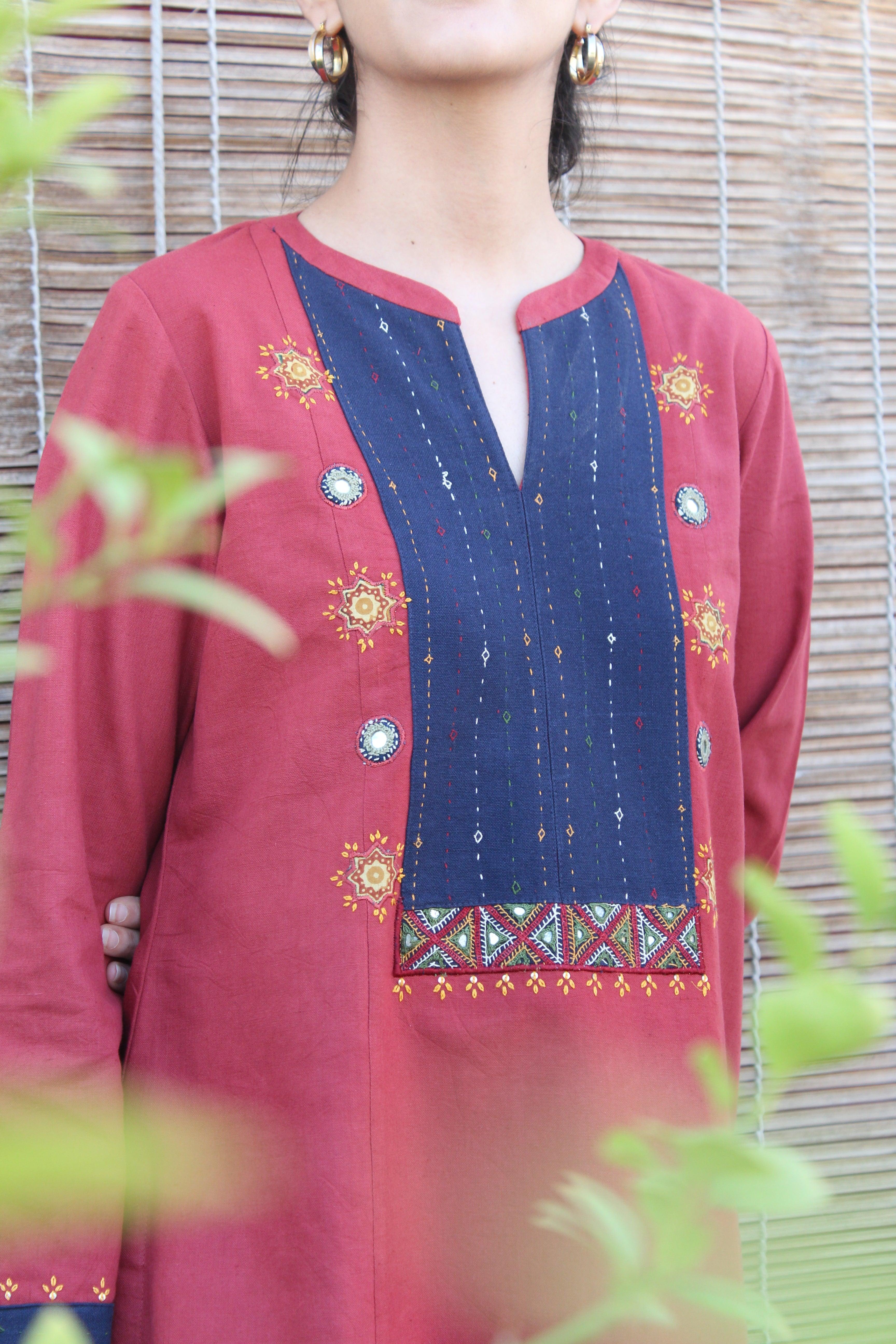 Brick red khadi kurta and pants set with Kutch embroidery and print appliqué - Sohni