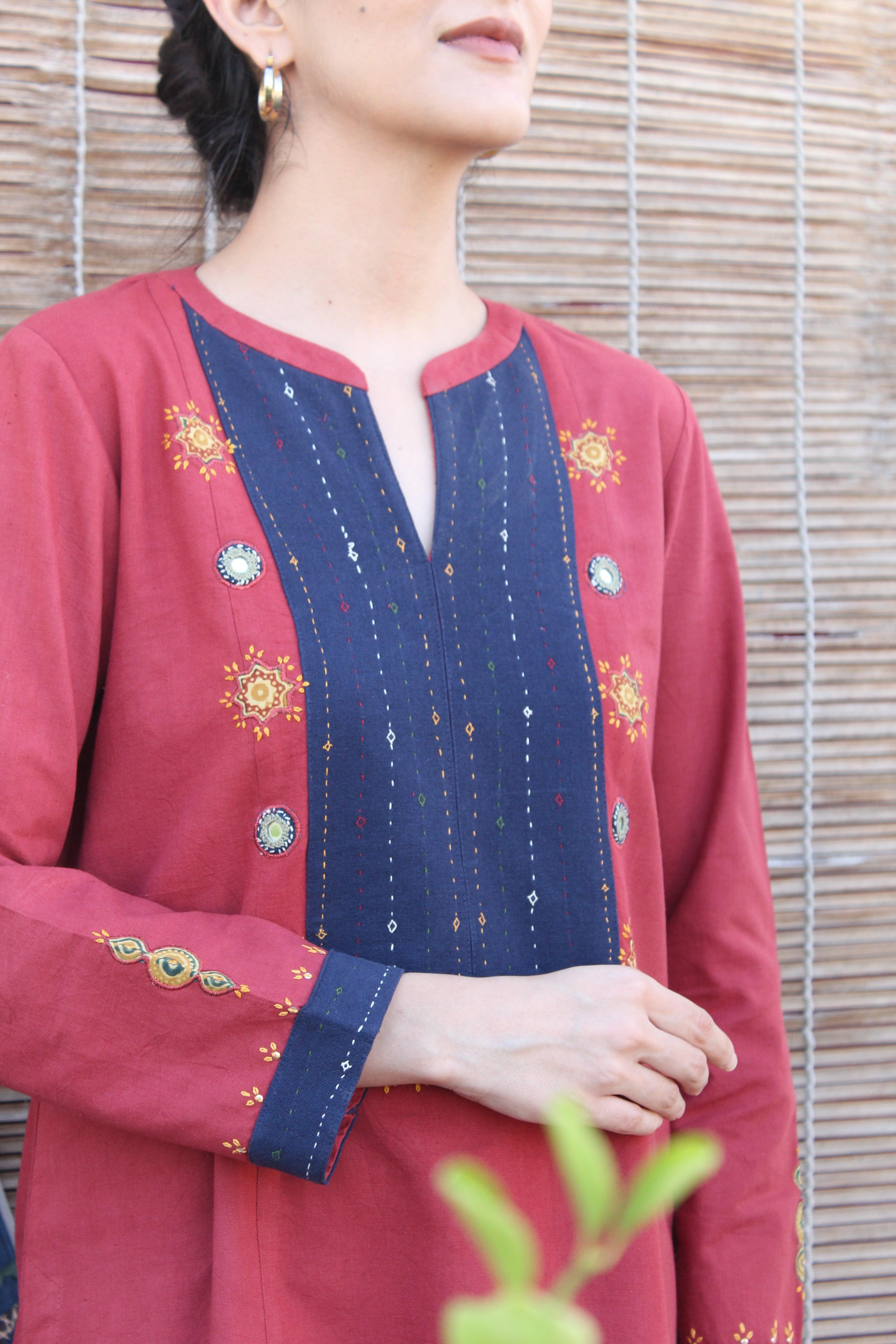 Brick red khadi kurta and pants set with Kutch embroidery and print appliqué - Sohni