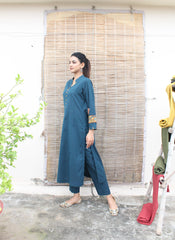Teal blue handloom cotton kurta pants set with kalamkari detail - Sohni