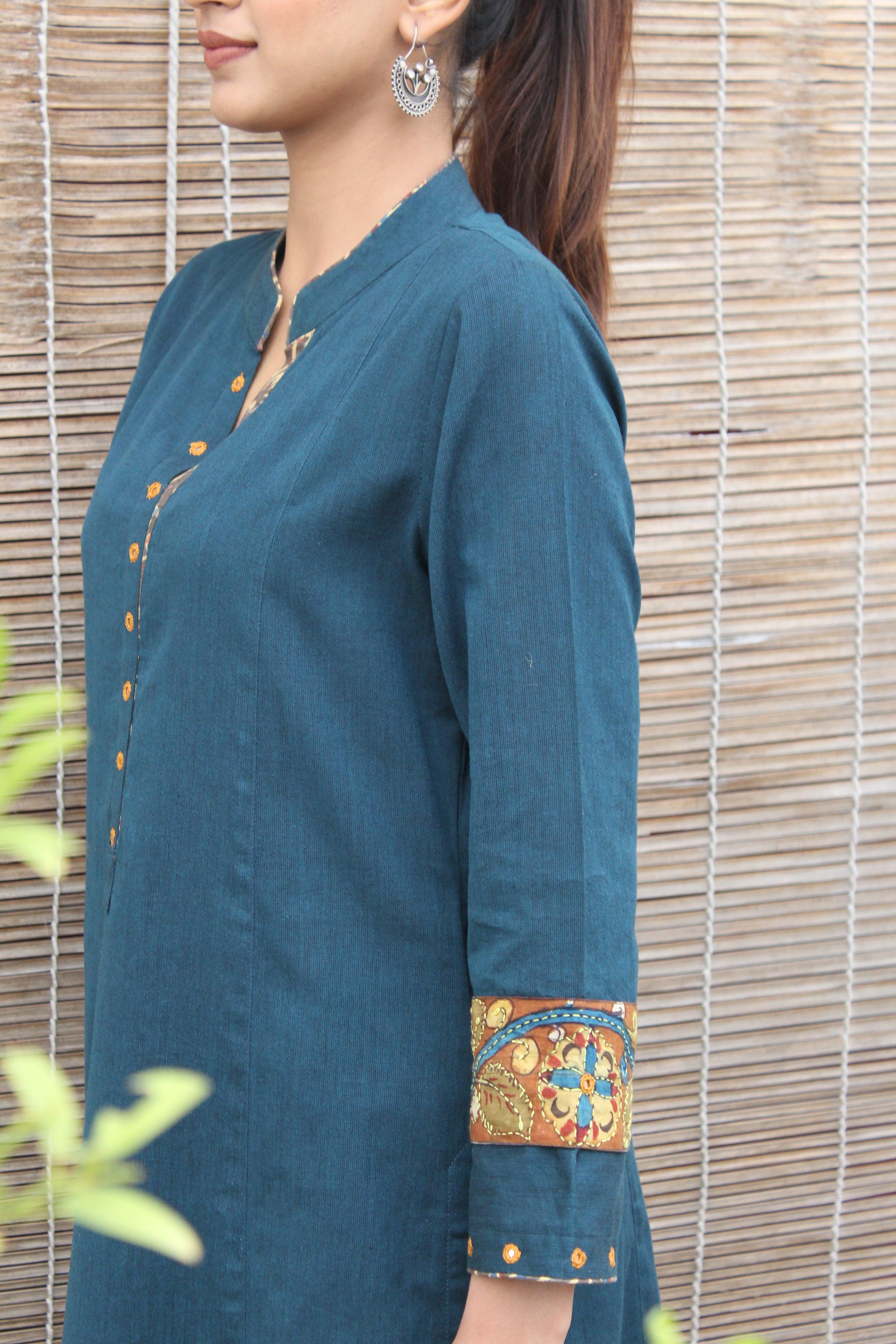 Teal blue handloom cotton kurta pants set with kalamkari detail - Sohni