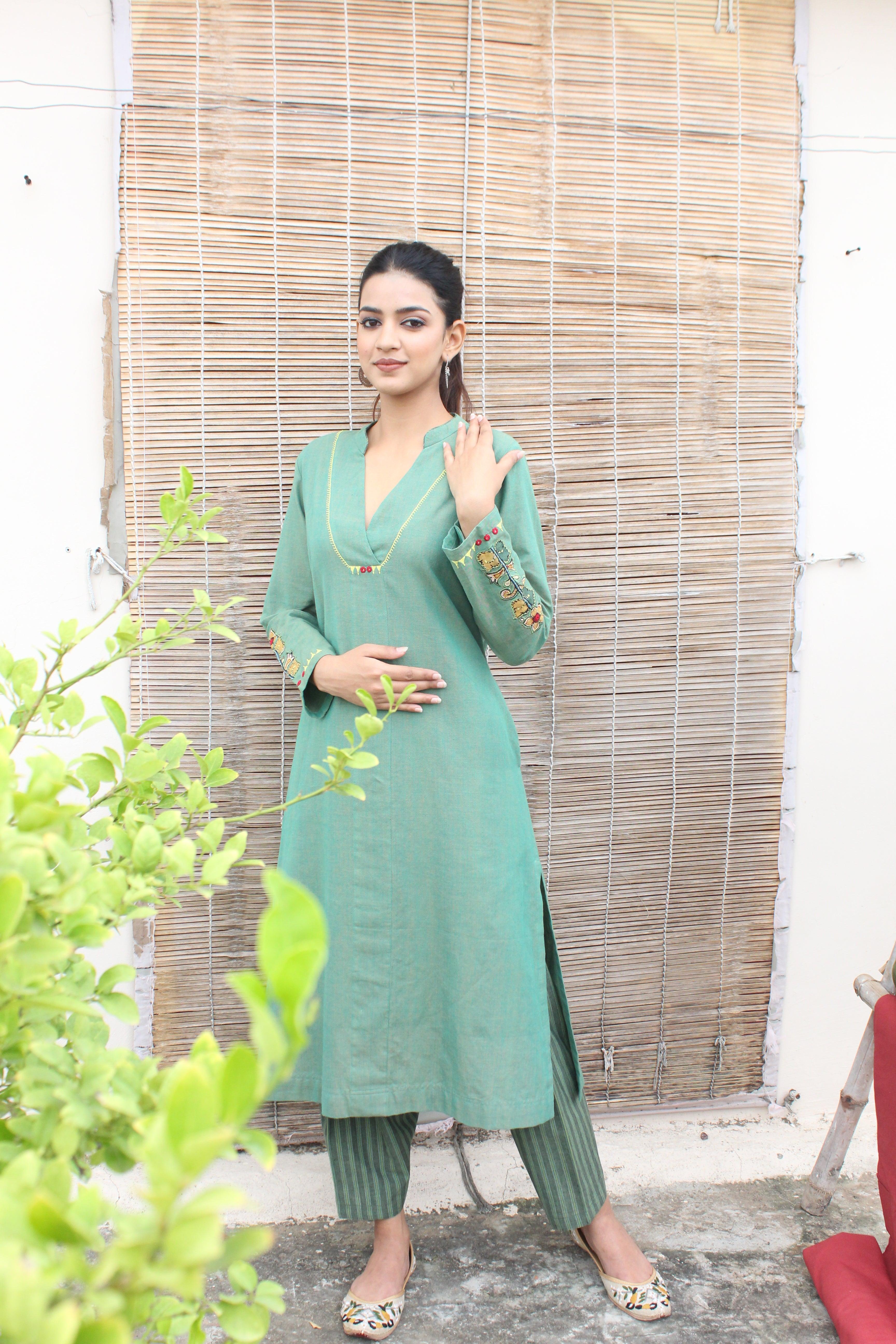 Sea green handloom cotton kurta salwar set with button down back and kalamkari detail - Sohni