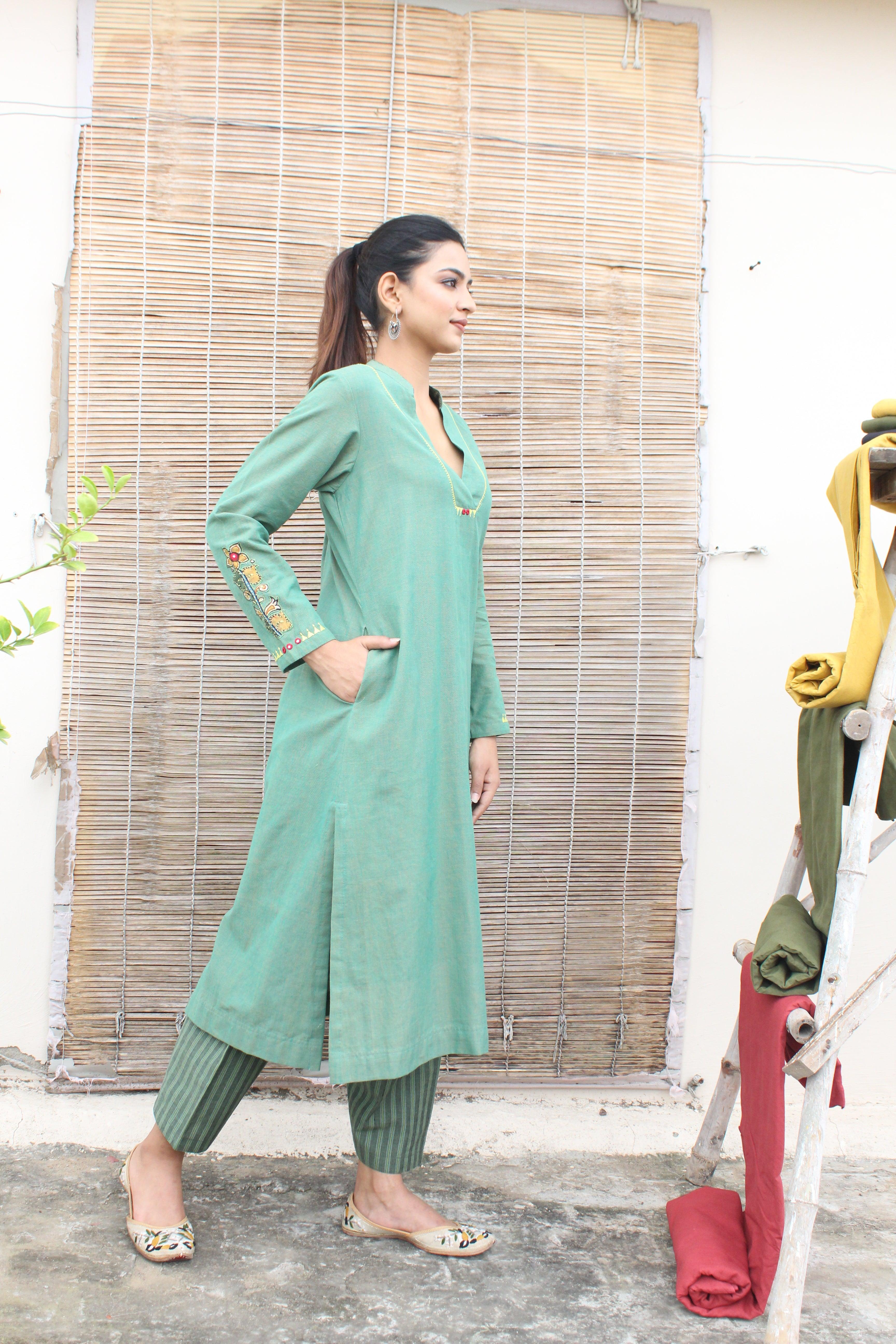 Sea green handloom cotton kurta salwar set with button down back and kalamkari detail - Sohni