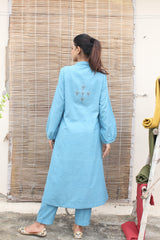 Sky blue handloom kurta and pants set with  gond embroidery - Sohni