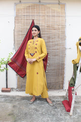 Yellow khadi kurta and pants set with Kutch embroidery and print appliqué - Sohni