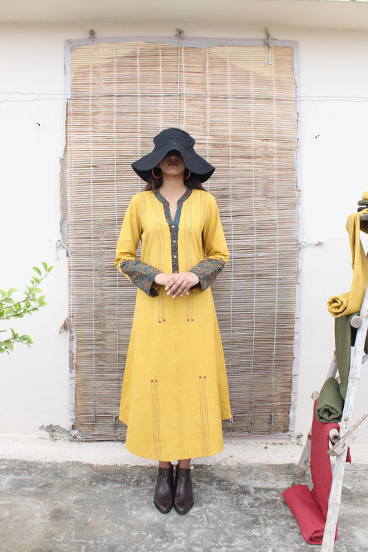 Khadi dress kurta with ajrakh and mirror detail - Sohni