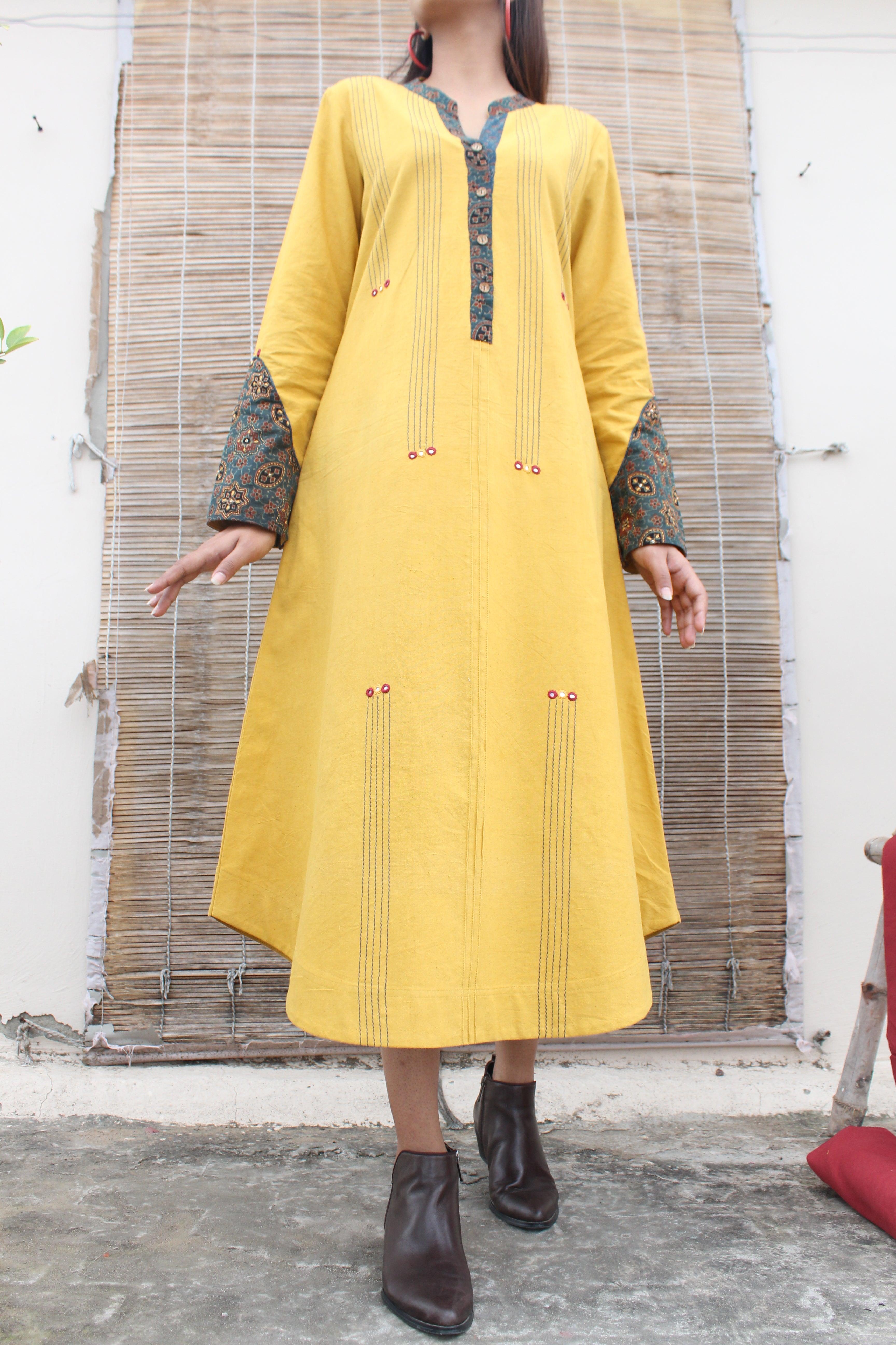 Khadi dress kurta with ajrakh and mirror detail - Sohni