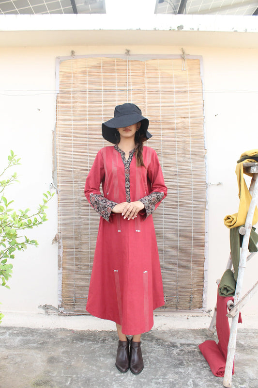 Khadi dress kurta with ajrakh and mirror detail - Sohni