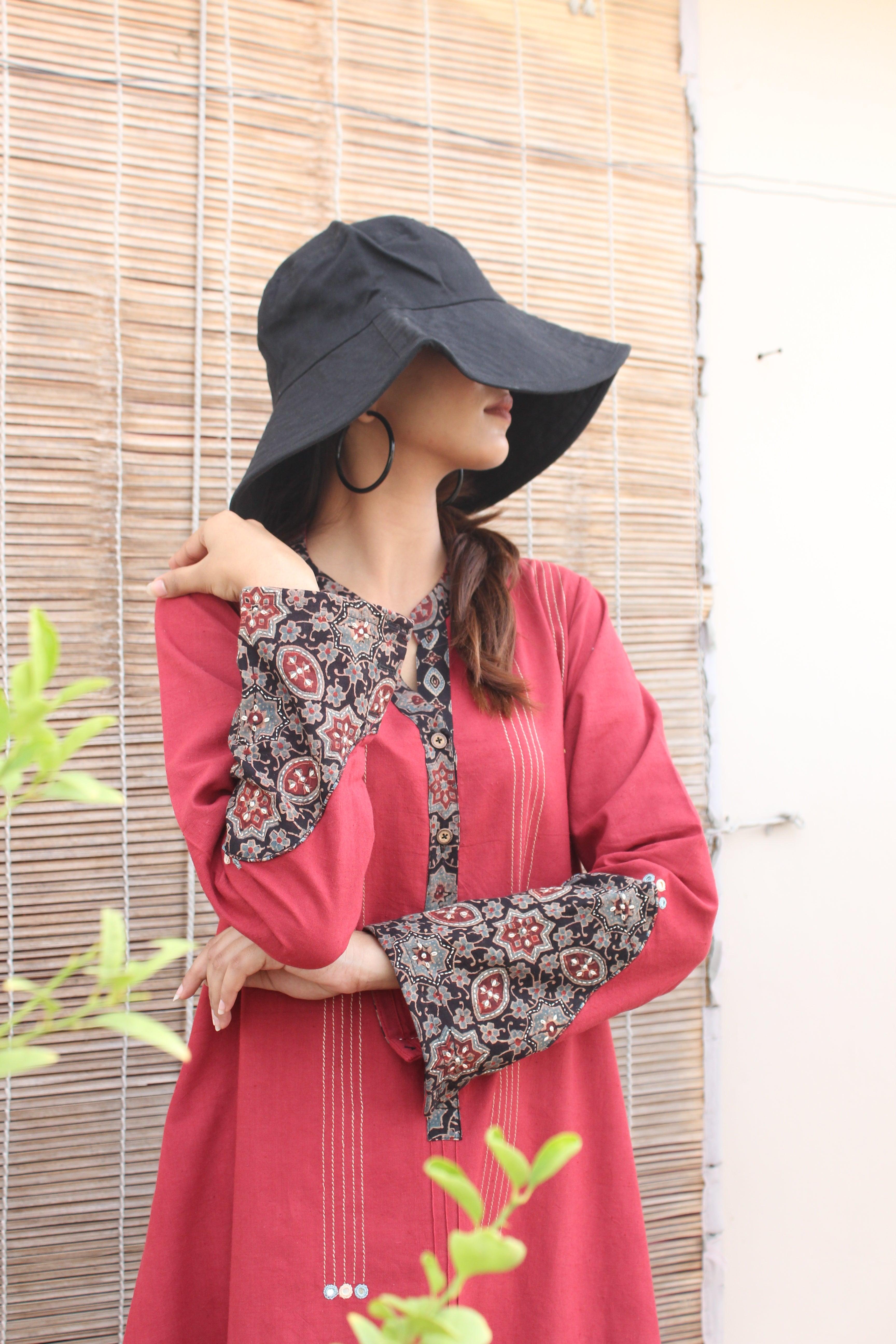 Khadi dress kurta with ajrakh and mirror detail - Sohni
