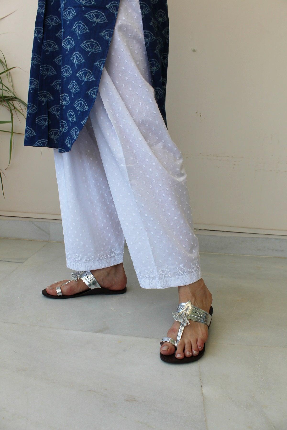 White dori embroidered dobby cotton straight salwar - Sohni