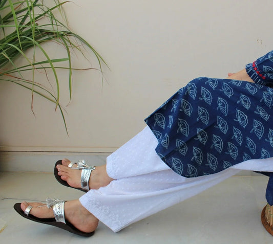 White dori embroidered dobby cotton straight salwar - Sohni