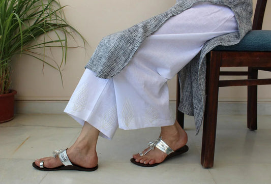 White linen palazzos with dori embroidery - Sohni