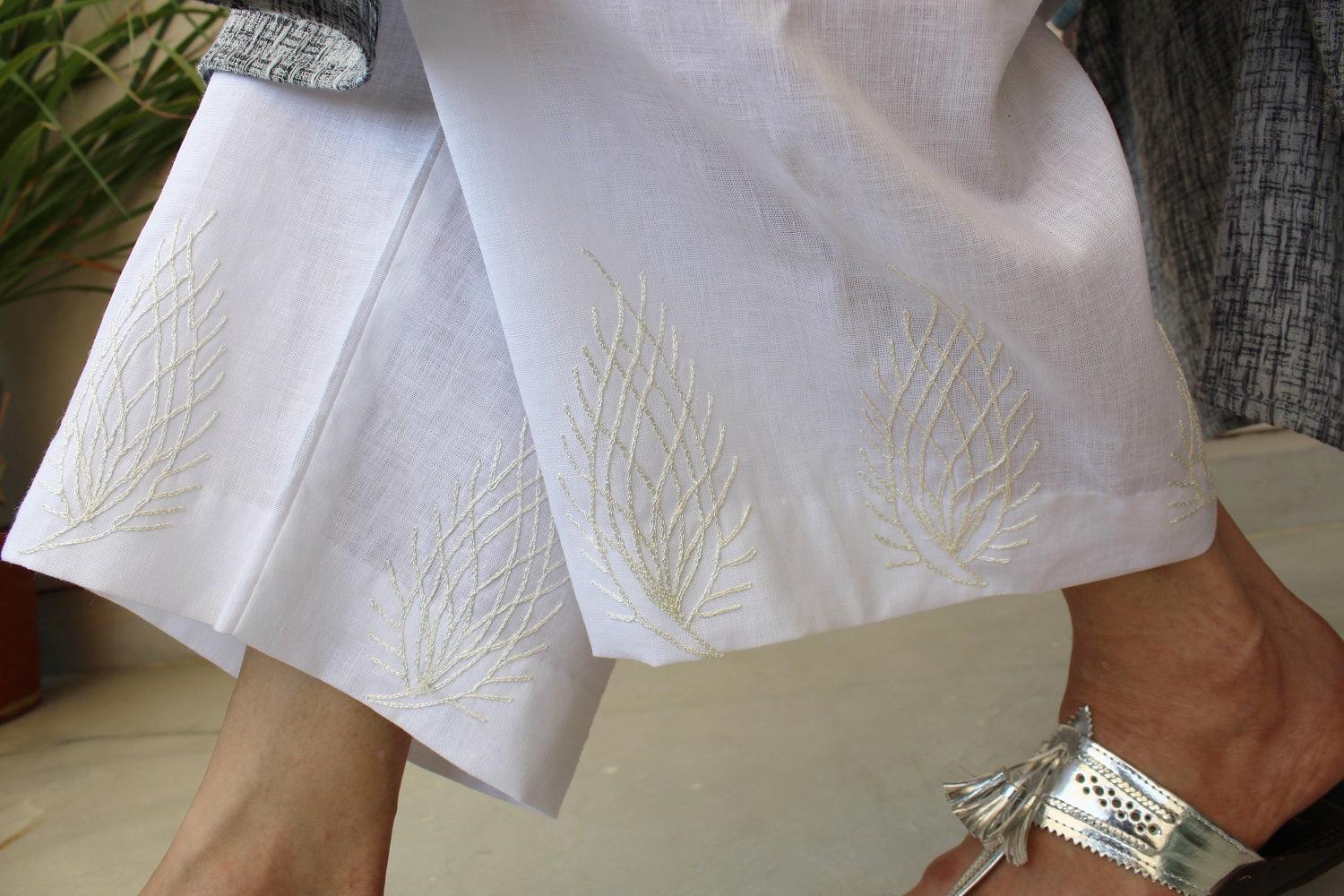 White linen palazzos with dori embroidery - Sohni