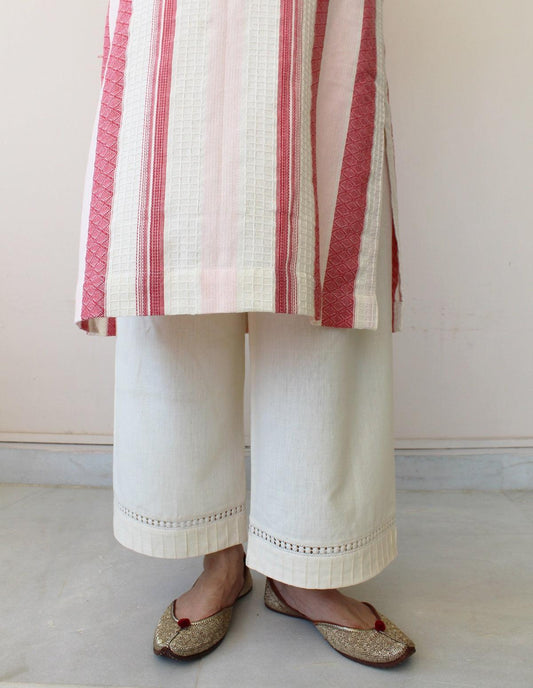 Cream urmul cotton palazzos with pintucks and lace detail - Sohni
