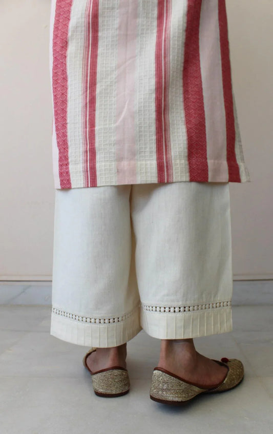 Cream urmul cotton palazzos with pintucks and lace detail - Sohni