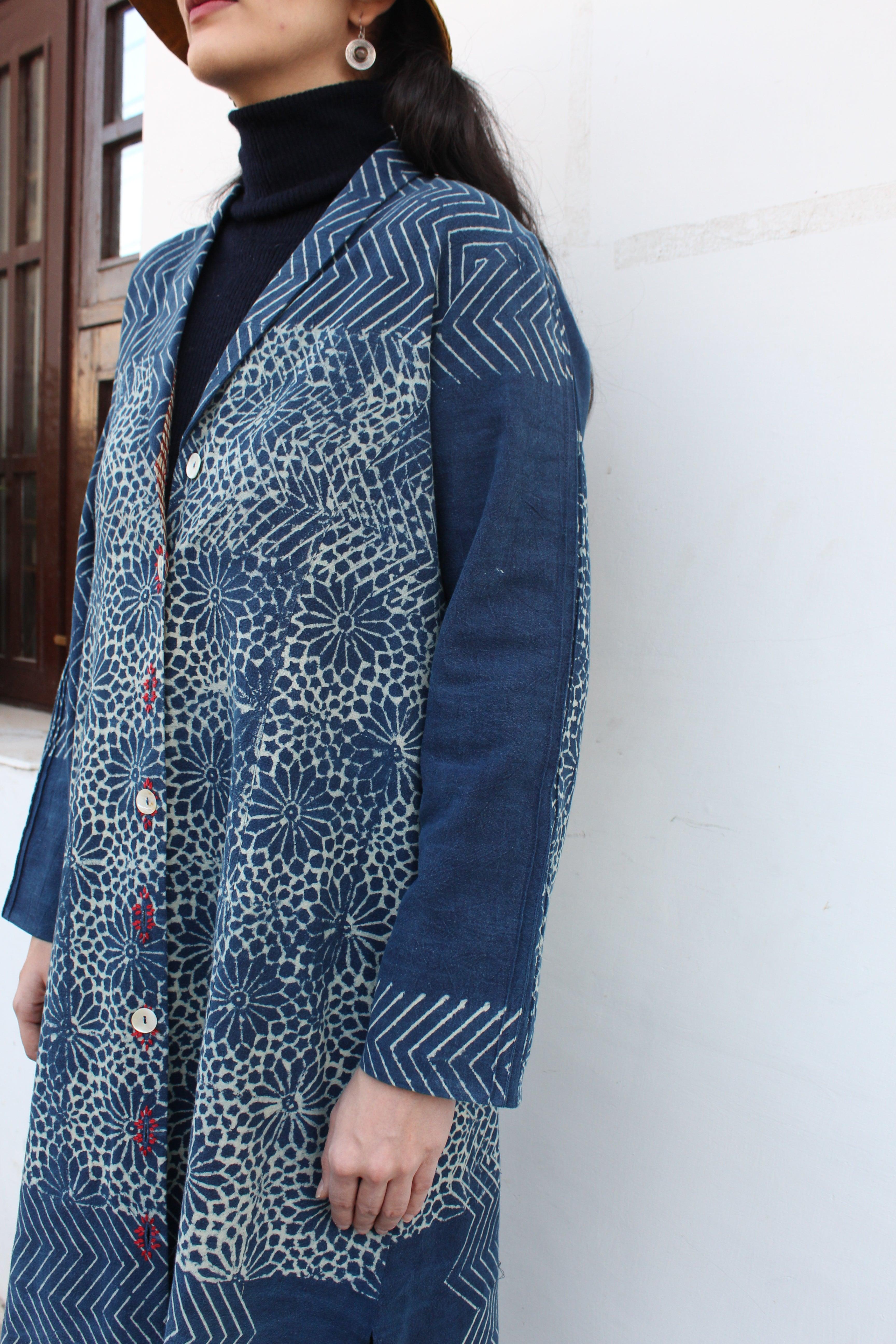 Geometric ajrakh print khadi long jacket - Sohni