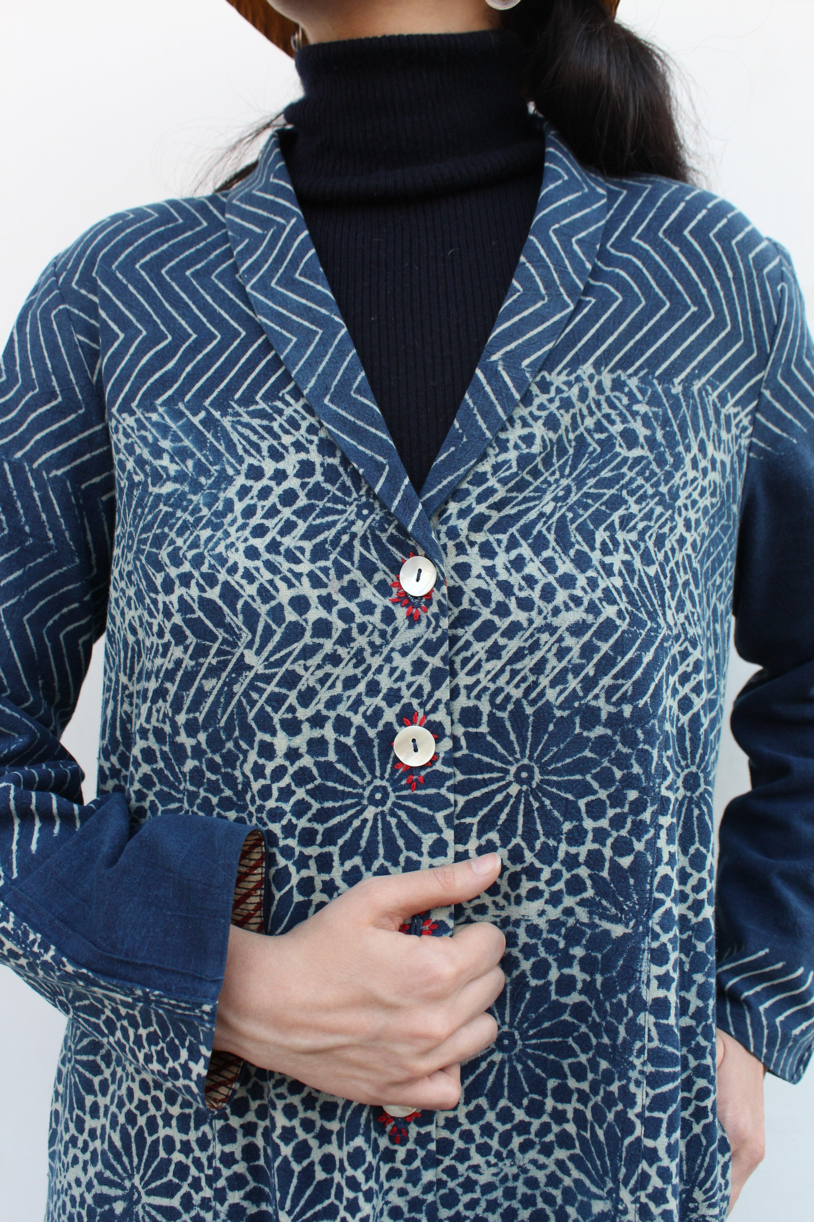 Geometric ajrakh print khadi long jacket - Sohni