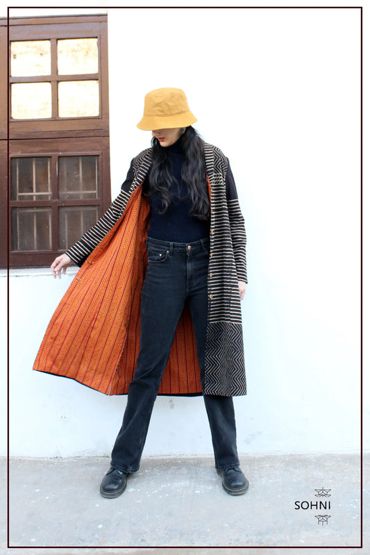 Geometric ajrakh print khadi long jacket - Sohni
