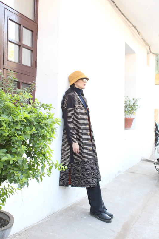 Indigo blue geometric print khadi long jacket - Sohni