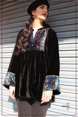 Black velvet tunic top with ajrakh print yoke and flared long sleeves - Sohni