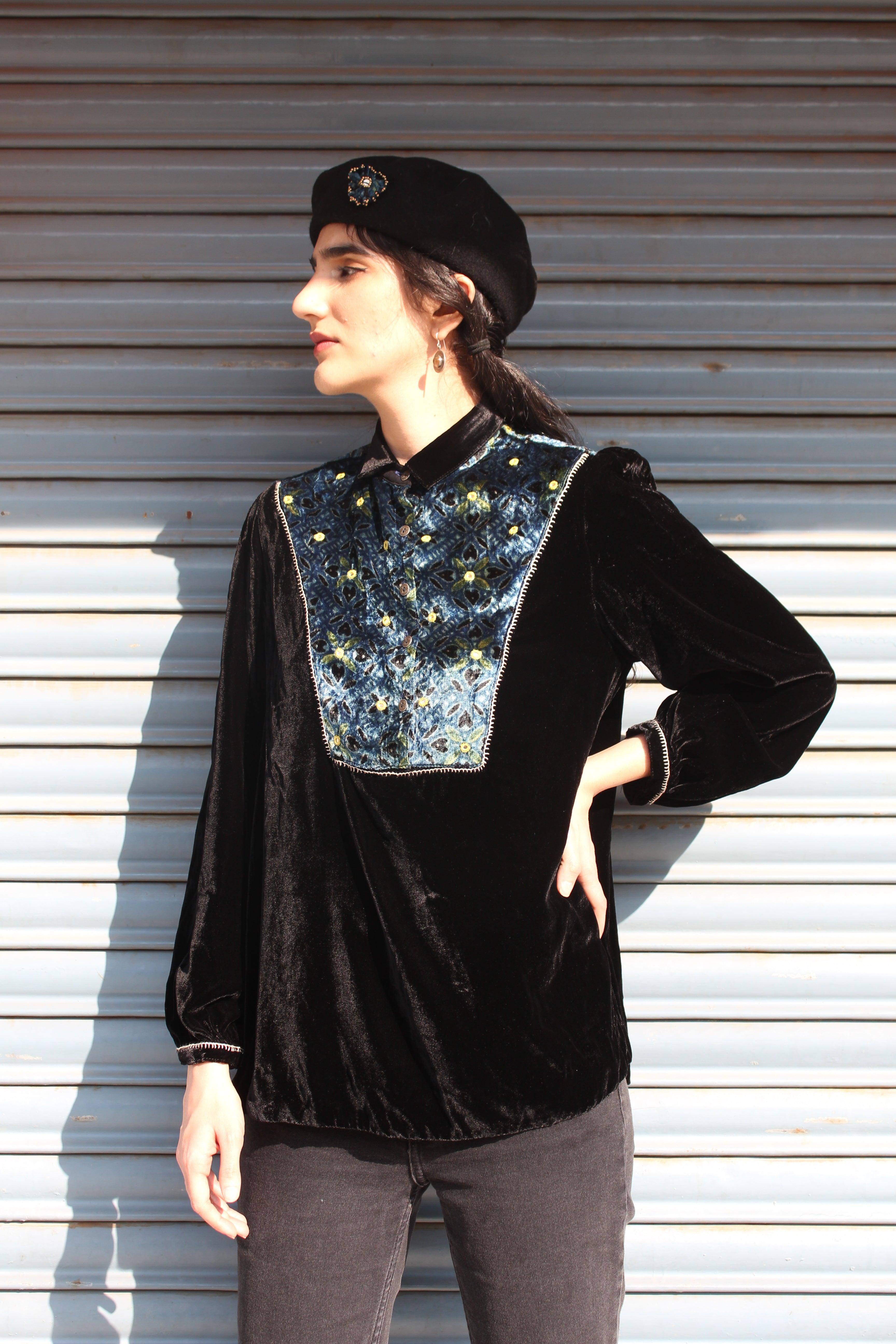 Black velvet collared shirt with ajrakh print yoke and gathered sleeves - Sohni