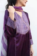 Purple mashru kurta pants set with angrakha yoke - Sohni