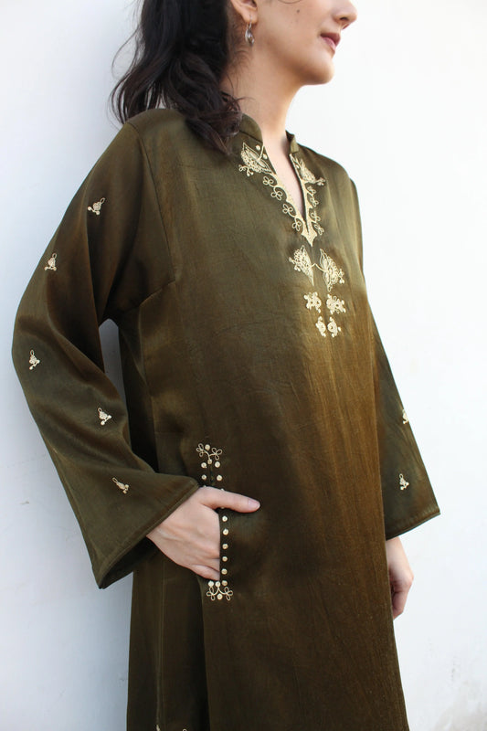 Olive green aari work mashru kurta salwar set with silk dupatta - Sohni