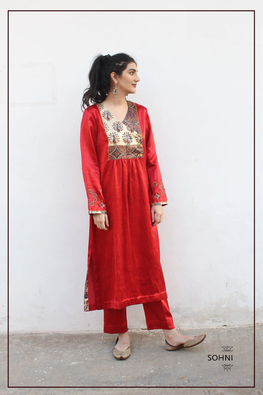 Red mashru angrakha yoke kurta with pants - Sohni