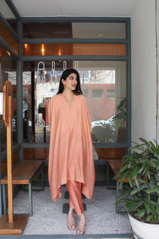 Salmon peach hand embroidered chanderi kaftan co ord set - Sohni