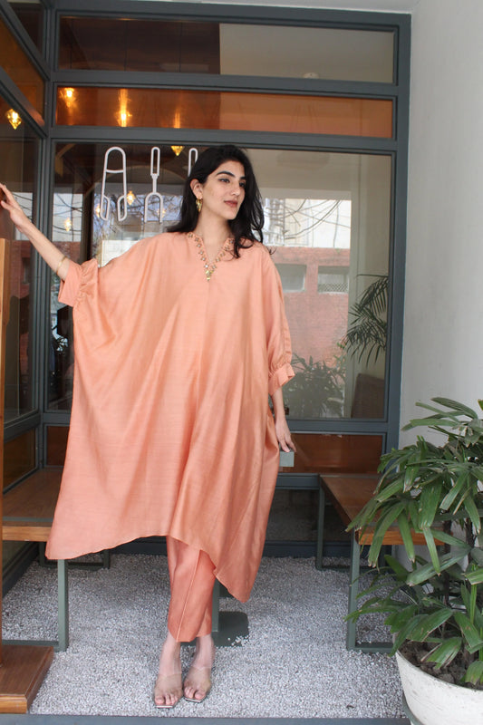 Salmon peach hand embroidered chanderi kaftan co ord set - Sohni