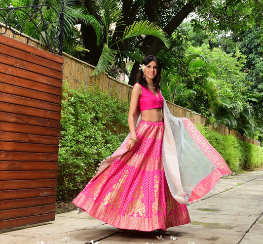 Indian pink hand woven Banarasi lehnga set - Sohni