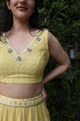 Yellow thread work georgette lehnga with hand embroidered blouse - Sohni