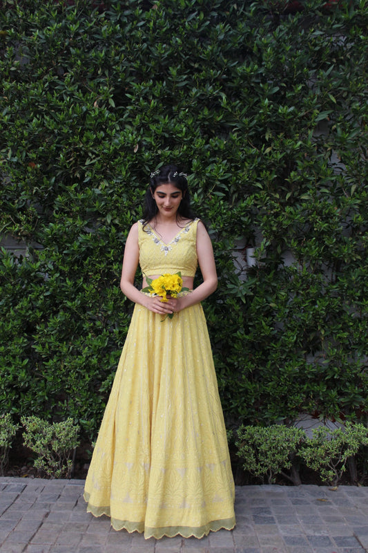 Yellow thread work georgette lehnga with hand embroidered blouse - Sohni