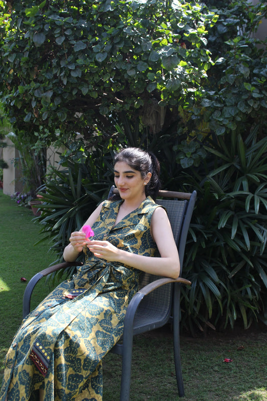 Green leaves organic hand print shirt dress - Sohni