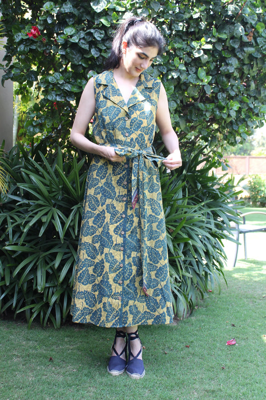 Green leaves organic hand print shirt dress - Sohni