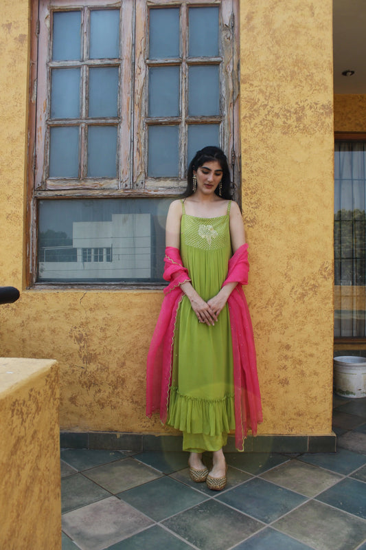 Parrot green gathered kurta with palazzos and organza dupatta - Sohni