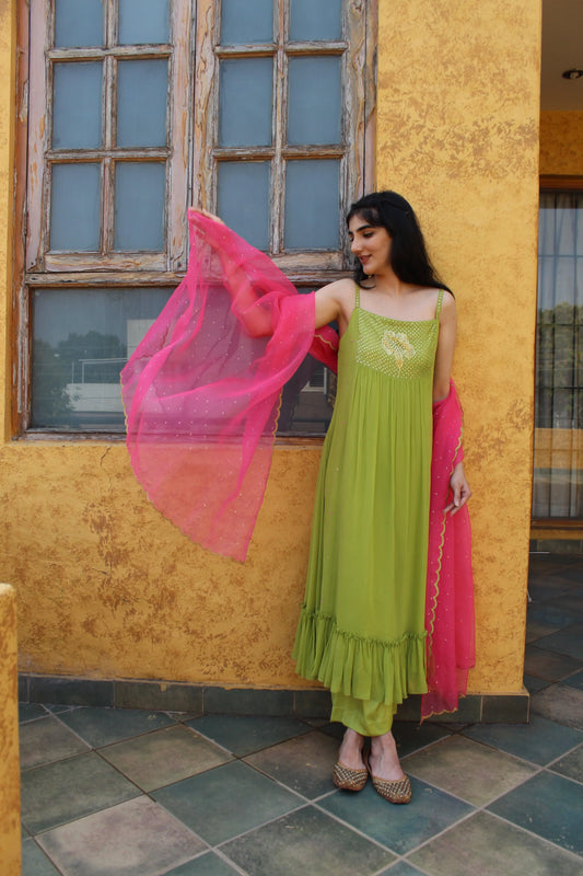 Parrot green gathered kurta with palazzos and organza dupatta - Sohni