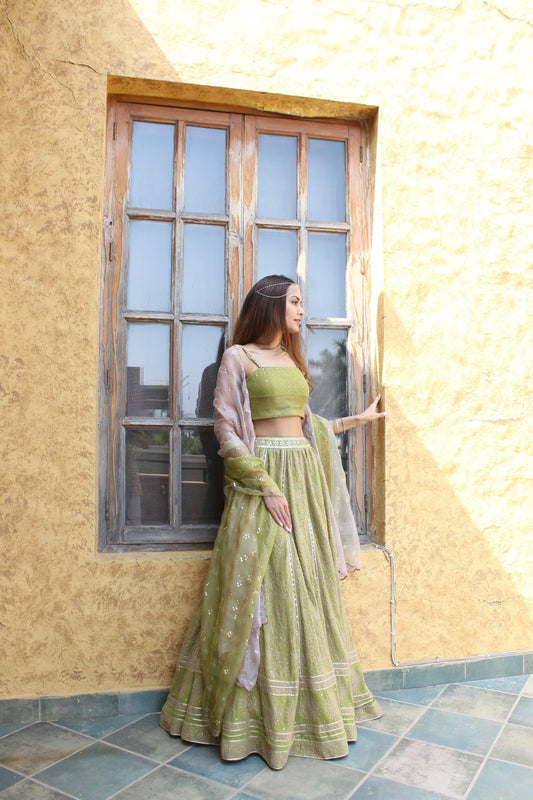 Mehndi green chikankari lehenga with mukaish bustier and ombré organza mukaish dupatta - Sohni