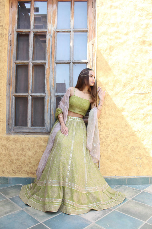 Mehndi green chikankari lehenga with mukaish bustier and ombré organza mukaish dupatta - Sohni