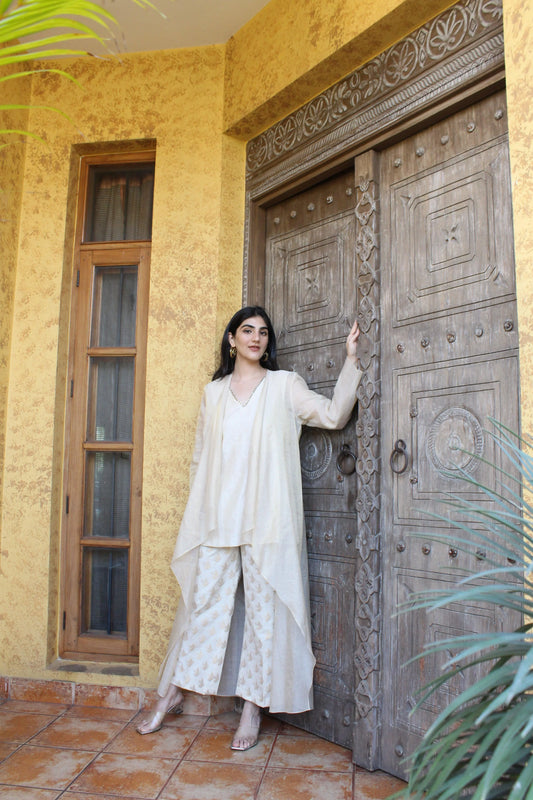 Ivory chanderi overlay with striped tissue top and banarasi bird motif pants - Sohni