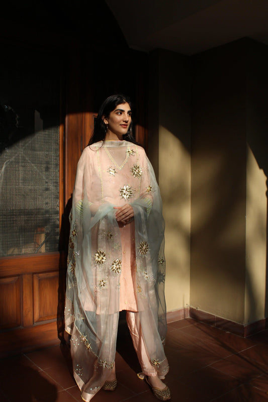 Blush pink kalidaar kurta and salwar with gota stars organza dupatta - Sohni