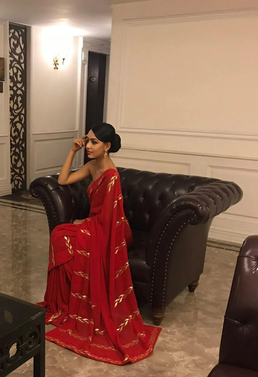 Scarlet red leaf pattern embroidered saree and blouse - Sohni