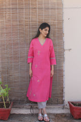 Rani pink mangalgiri cotton kurta set with kota dupatta - Sohni