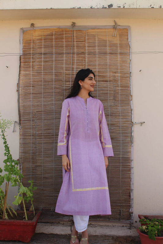 Lilac mangalgiri cotton kurta with kingri border embroidery - Sohni