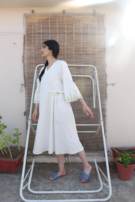 Ivory crinkle cotton midi dress with geometric folk embroidery - Sohni