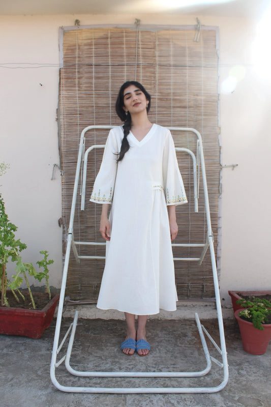 Ivory crinkle cotton midi dress with geometric folk embroidery - Sohni