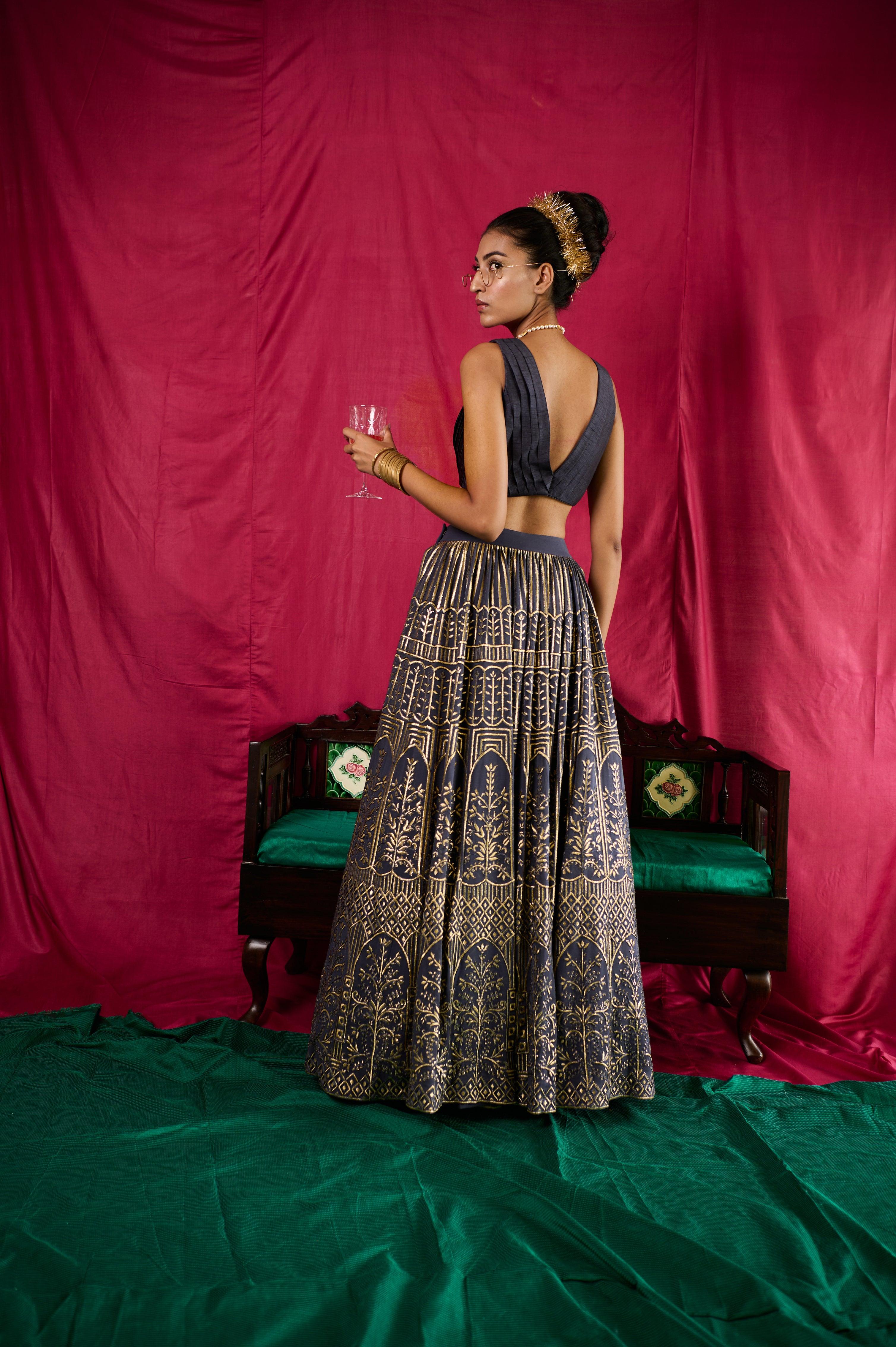 Space blue mughal jaal lehenga skirt with pleated blouse - Sohni