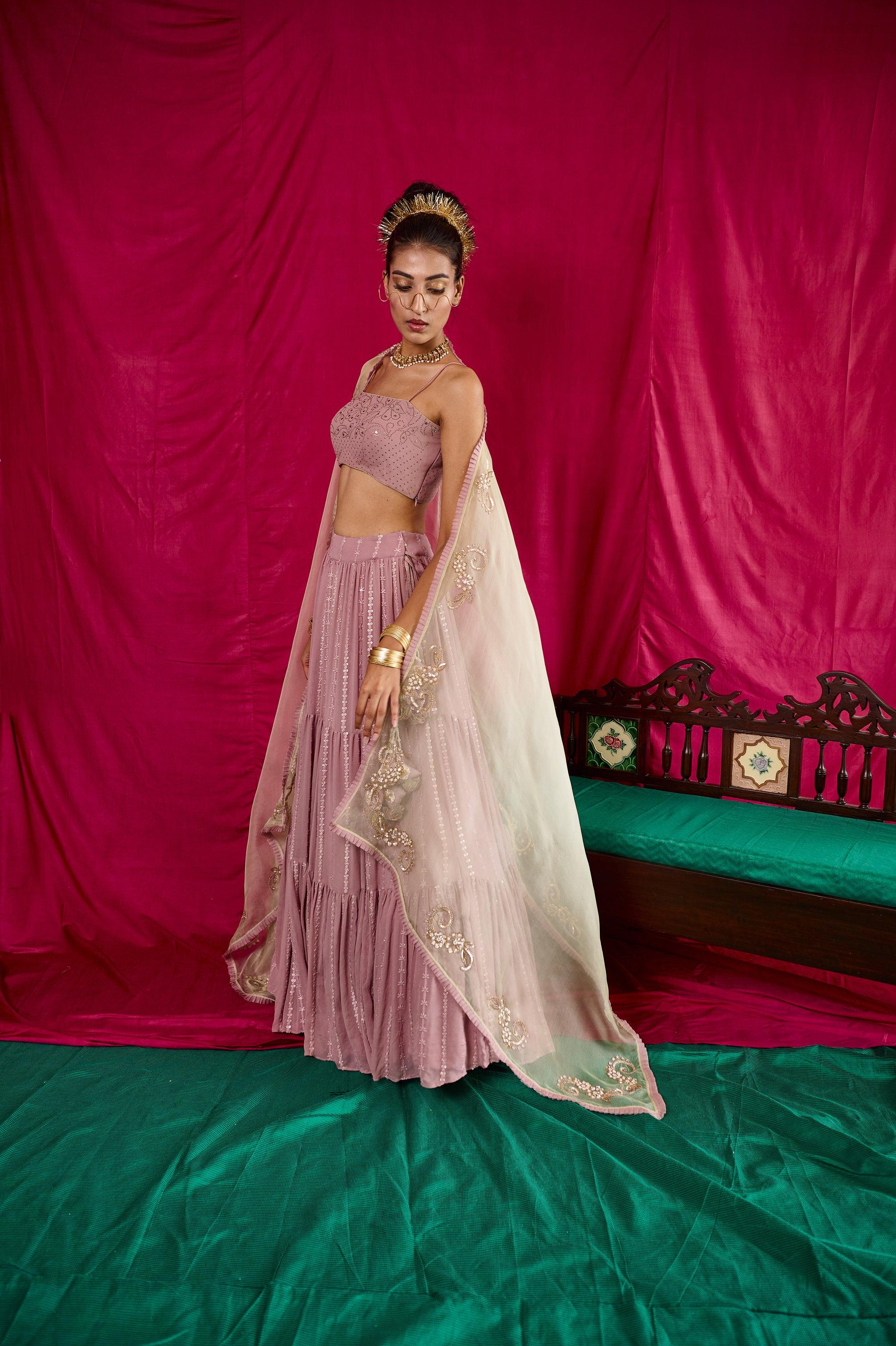 Lilac tiered lehnga with mukaish bustier and mint organza dupatta - Sohni