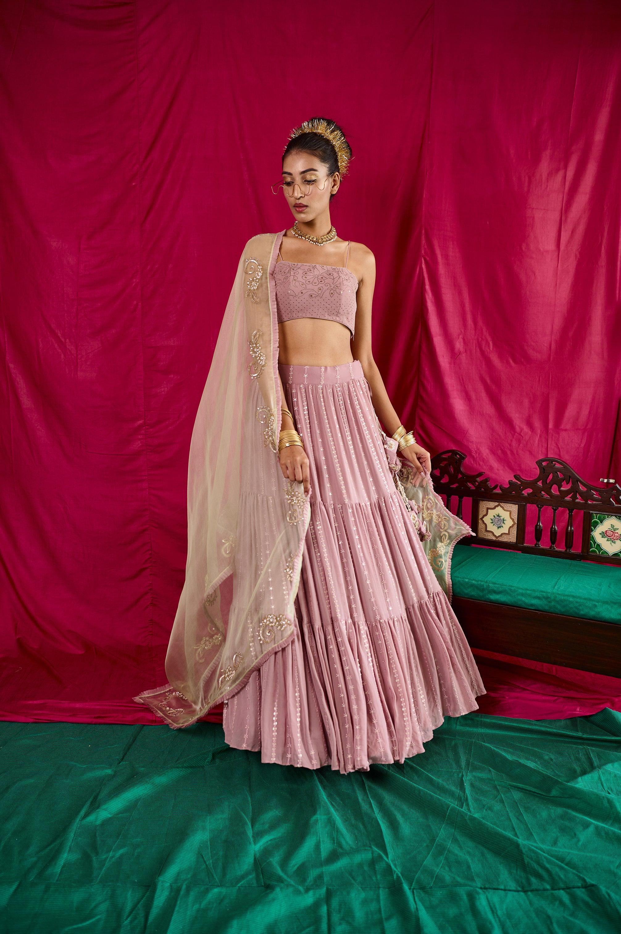 Lilac tiered lehnga with mukaish bustier and mint organza dupatta - Sohni